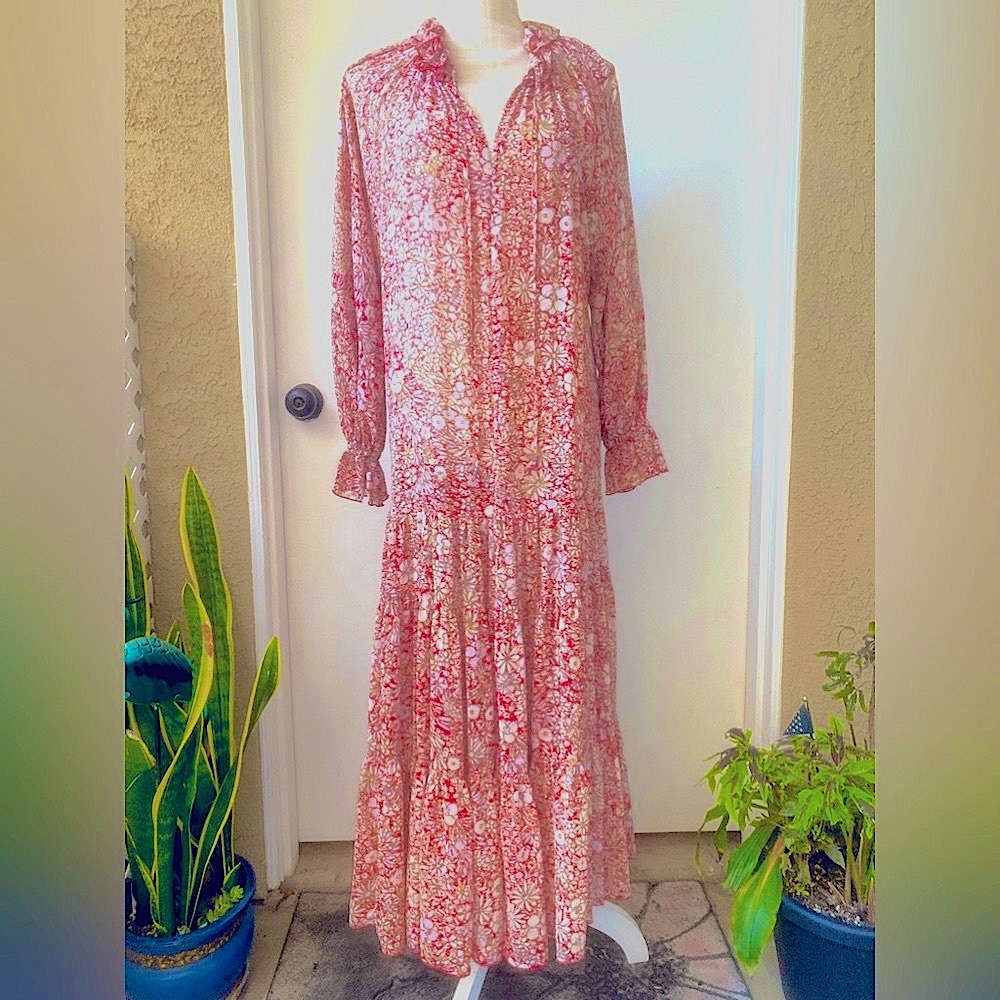 free people feelin groovy red floral long sleeve sheer tiered maxi dress sz s